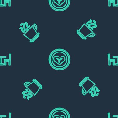 Tabağa et, kahve fincanı ve dikişsiz sandalyeli ahşap masa koyun. Vektör