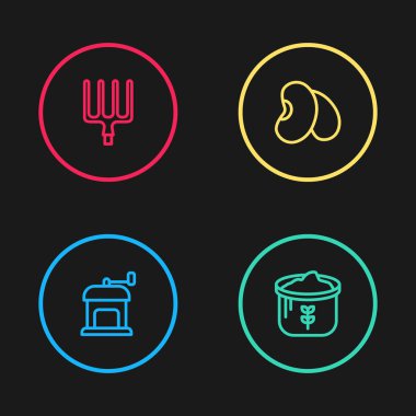 El yapımı kahve öğütücü, torba unu, fasulye ve bahçe yabası ikonu. Vektör