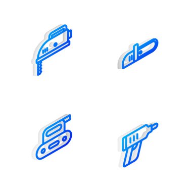 Isometric hattı testere, elektrikli yapboz, planer aracı ve kablosuz tornavida simgesini ayarla. Vektör