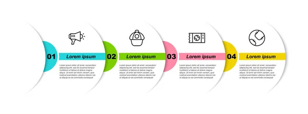 Establecer la línea de megáfono, gorra de béisbol, billete y. Plantilla de infografía empresarial. Vector — Archivo Imágenes Vectoriales