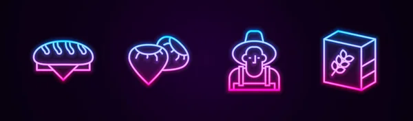 Set line Bread loaf, Seed, Farmer in the hat and Flour pack. Glowing neon icon. Vector — Stockvector