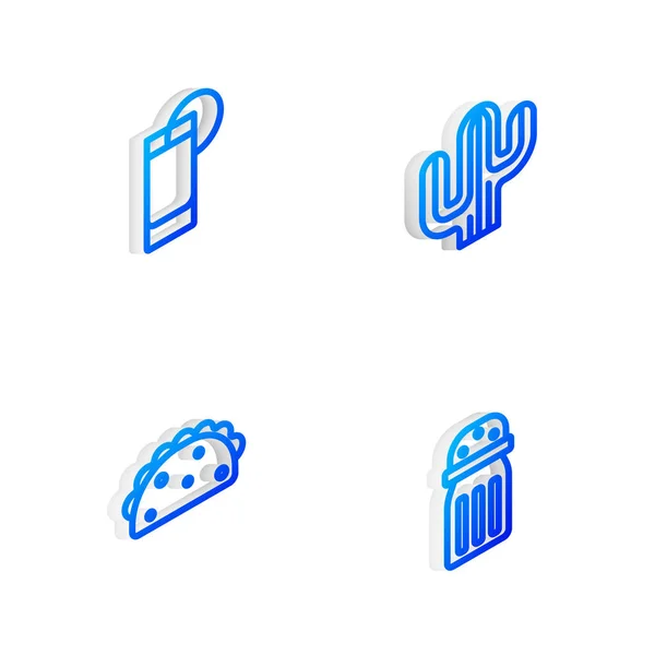 Set Isometric line Cactus, Tequila glass with lemon, Taco tortilla and Salt icon. Vector — Stock Vector