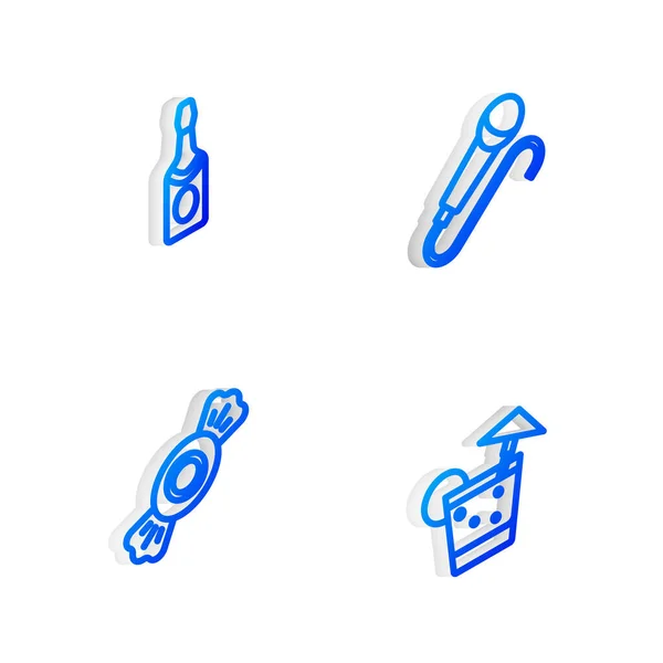 Set Isometric line Microphone, Champagne bottle, Candy and Cocktail icon. Vector — Stockový vektor