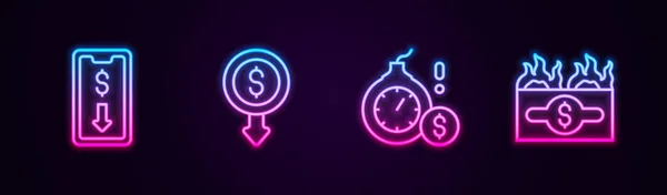 Set line Mobile stock trading, Dollar rate decrease, Money bomb dollar crisis and Burning bill. Glowing neon icon. Vector — Wektor stockowy