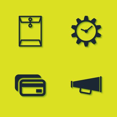 Zarf, megafon, kredi kartı ve zaman yönetimi simgesini ayarla. Vektör
