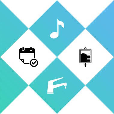 Takvimi işaretli, su musluğu, nota, ton ve serum torbasıyla ayarla. Vektör