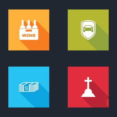 Kutuya şarap şişeleri, araba koruması ya da sigorta, kağıt para nakit ve haç ikonlu Tombstone koyun. Vektör