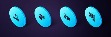 Isometric Klima ayarını, Video kamerayı, CD 'yi veya DVD diskini, Router' ı ve Wi-fi simgesini ayarlayın. Vektör