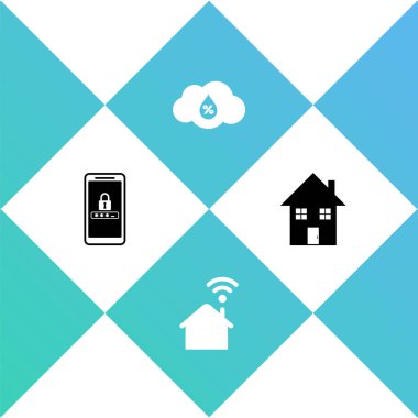 Mobil ve şifre korumalı, kablosuz ağ bağlantısı, nem oranı ve House simgesi olan akıllı ev. Vektör
