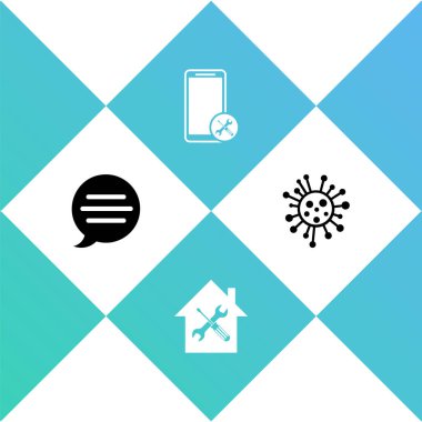 Konuşma balonu sohbetini, ev servisini, mobil ve bakteri simgesini ayarla. Vektör