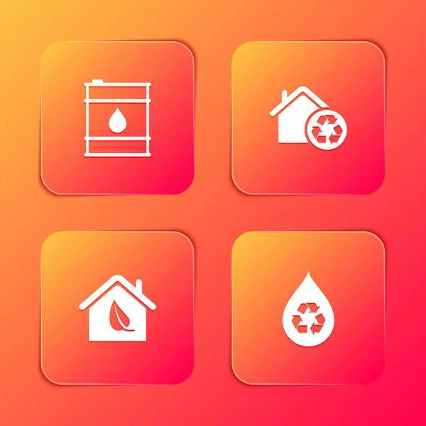 Встановити барель для нафти, Eco House з іконою для переробки, дружнього будинку та Recycle clear aqua. Вектор — стоковий вектор