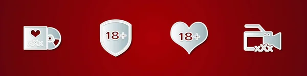 Conjunto de disco con la inscripción Sexo, Escudo 18 plus, el contenido del corazón y el icono de la cámara de vídeo. Vector — Vector de stock