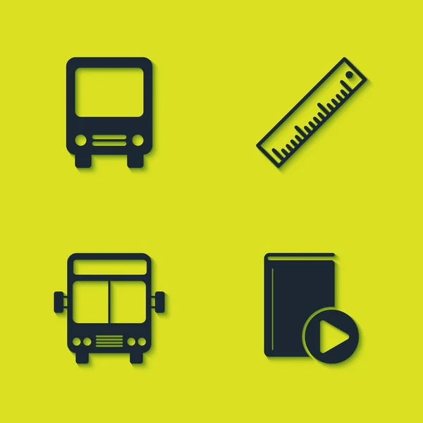 Establecer Bus, Libro de audio, y el icono de la regla. Vector — Archivo Imágenes Vectoriales