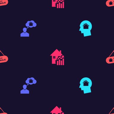 Set Man ev almayı hayal ediyor, konutların fiyatları yükseliyor ve satılık tabelası var. Vektör