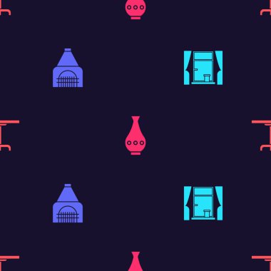 Pencereyi perdeli, şömineli, vazolu ve yuvarlak masalı, pürüzsüz desenli ayarla. Vektör