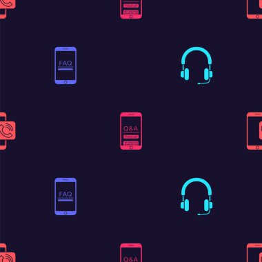 Kulaklığı, cep telefonunu, SSS bilgilerini, Soru ve Ünlem 'i ayarlayın ve kusursuz şablona geçin. Vektör