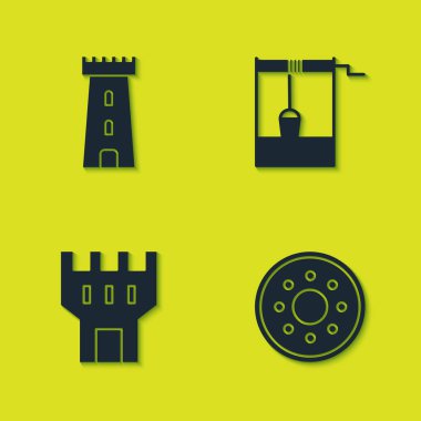 Kale kulesi, yuvarlak ahşap kalkan ve kova ikonu yerleştirin. Vektör