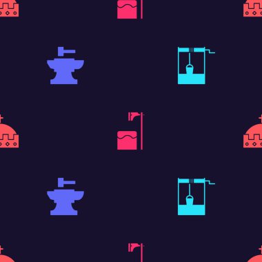 Kovayla iyi ayarlanmış, demirci çekici için örs, cellat baltası ağaç bloğu ve kusursuz desenli kral tacı. Vektör