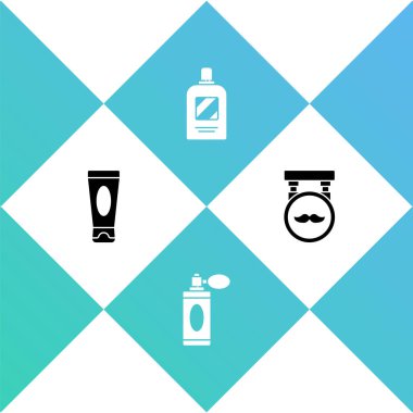 Krem veya losyon kozmetik tüpü, atomlu tıraş losyonu şişesi, şampuan şişesi ve berber dükkanı ikonu. Vektör