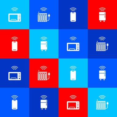 Akıllı mikrodalga fırını, ısıtma radyatörü, kablosuz akıllı telefon ve buzdolabı simgesini ayarla. Vektör