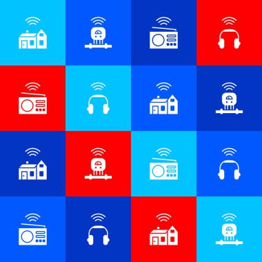 Smart evini kablosuz, sensör, radyo ve kulaklık ikonu ile ayarla. Vektör