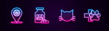 Hattı belirle, veteriner, kedi ilacı şişesi, haplar ve veteriner kliniği. Parlayan neon ikonu. Vektör
