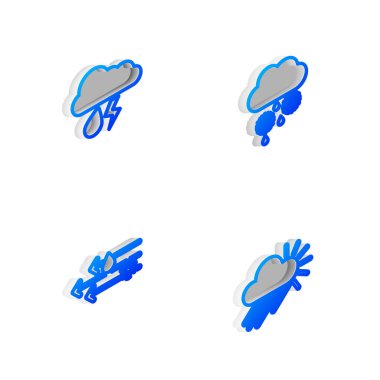 Isometric hattını kar ve yağmurla, yıldırımla, rüzgarla ve bulutlu güneş ikonuyla ayarla. Vektör