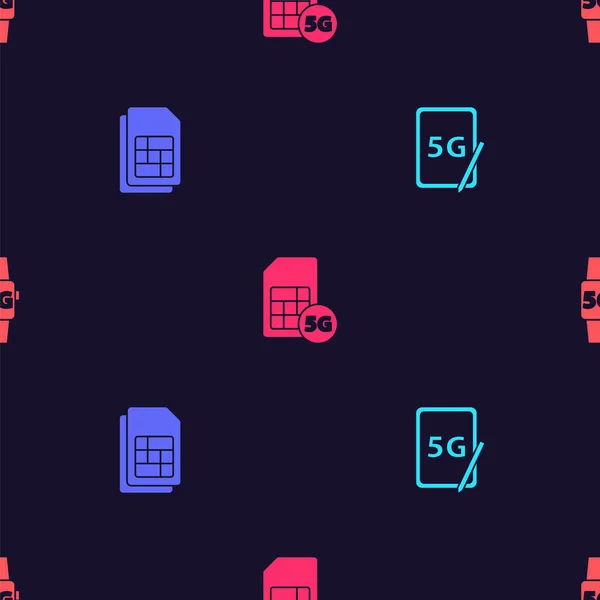 Set grafische tablet met 5G, simkaart, kaart en smart watch netwerk op naadloos patroon. Vector — Stockvector