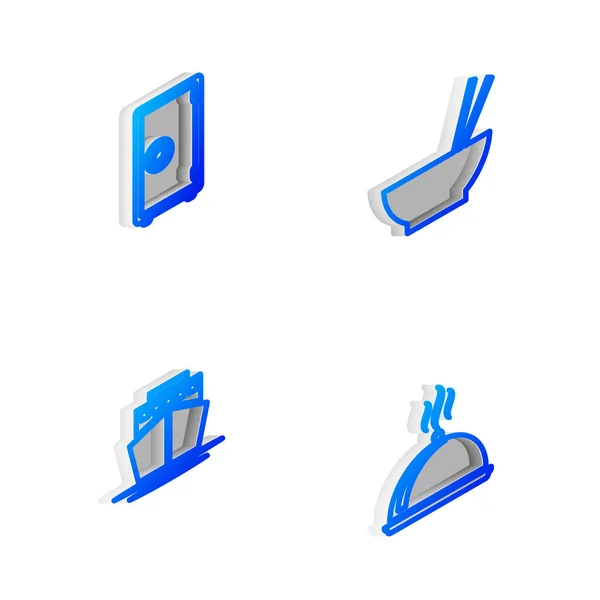 Set Linea isometrica Ciotola con bacchette, cassaforte, nave e vassoio coperto di icona alimentare. Vettore — Vettoriale Stock
