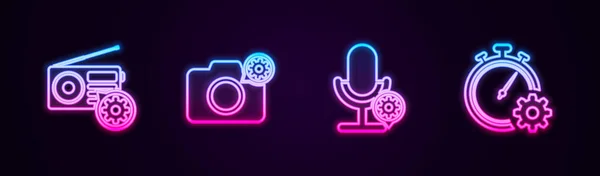 Set line Radio instelling, Fotocamera, Microfoon en Time management. Een gloeiend neon icoon. Vector — Stockvector