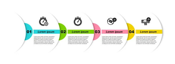 Establecer línea Ajuste de gestión de tiempo, cronómetro, CD o DVD y aire acondicionado. Plantilla de infografía empresarial. Vector — Vector de stock