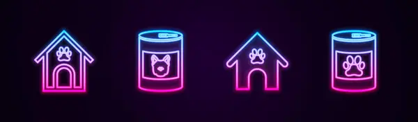 Állítsa vonal Kutya ház és mancsnyom kisállat, Konzerv élelmiszer kutyának, és. Ragyogó neon ikon. Vektor — Stock Vector