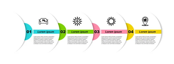 Set line Coche de hidrógeno, Panel de energía solar, Sol y Ubicación cesta de la compra. Plantilla de infografía empresarial. Vector — Vector de stock