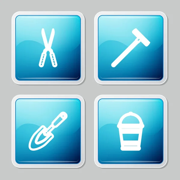 Set line Gardening handmade scissor, rake, trowel spade shovel and Bucket icon. Vector — 스톡 벡터