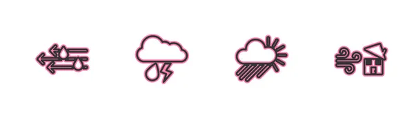Ustaw linię Wiatr i deszcz, Chmury ze słońcem, błyskawice i ikona wiru Tornado. Wektor — Wektor stockowy