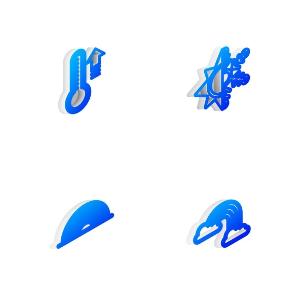 Defina a linha isométrica Sol e floco de neve, termômetro de meteorologia, arco-íris e com ícone de nuvens. Vetor —  Vetores de Stock