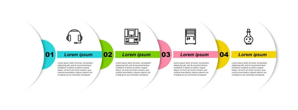 Set ligne casque, console de jeu vidéo portable, ordinateur et bouteille avec élixir magique. Modèle d'infographie d'entreprise. Vecteur — Image vectorielle