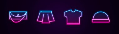 Debriyaj çantası, etek, tişört ve şapka. Parlayan neon ikonu. Vektör