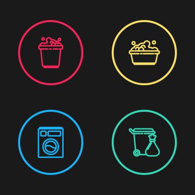 Çamaşır makinesi, çöp tenekesi ve çöp torbası sabun köpüklü plastik leğen ve kova ikonu. Vektör