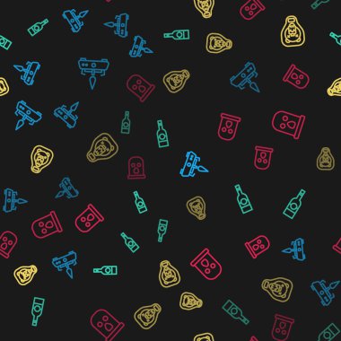 Kamp hattı, gaz ocağı, votka şişesi, kalkanda ayı kafası ve pürüzsüz desenli kar maskesi. Vektör