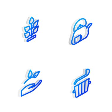 Isometric Line Teapot 'u fincan, bitki, yaprak ve sauna kovası ikonu ile ayarlayın. Vektör