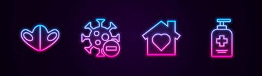 Tıbbi koruyucu maske, negatif virüs, kalbi ve sıvı antibakteriyel sabunu olan ev. Parlayan neon ikonu. Vektör