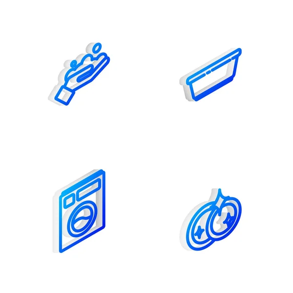 Set Isometric line Plastic basin, Washing hands with soap, Washer and dishes icon. Vector — Stock Vector