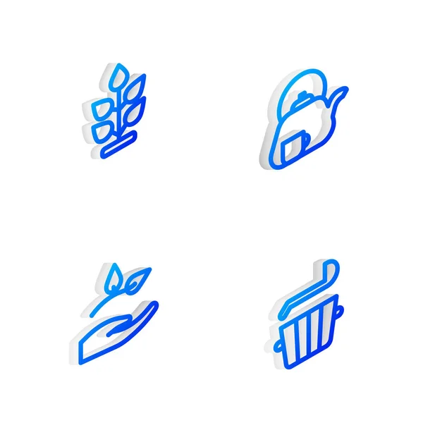 Set Isometric line Čajová konvice s šálkem, Rostlina, List v ruce a Sauna vědro naběračku ikonu. Vektor — Stockový vektor