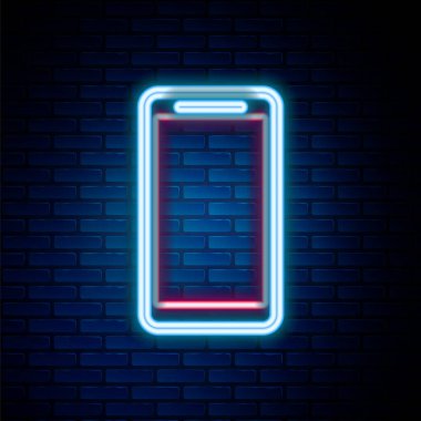 Parlayan neon hattı, akıllı telefon, cep telefonu simgesi tuğla duvar arkasında izole edilmiş. Renkli taslak konsepti. Vektör