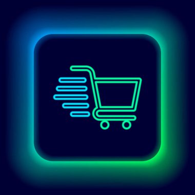 Parlayan neon hattı alışveriş arabası simgesi siyah arka planda izole edildi. İnternetten satın alma konsepti. Servis tabelası. Süpermarket sepeti sembolü. Renkli taslak konsepti. Vektör