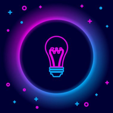 Parlayan neon hattı ampul simgesi siyah arkaplanda izole edildi. Enerji ve fikir sembolü. Lamba elektrikli. Renkli taslak konsepti. Vektör