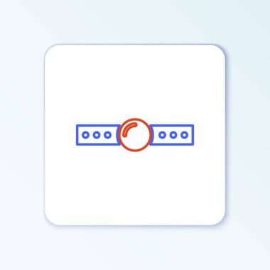 Beyaz arka planda izole edilmiş deri kemer simgesi olan çizgi silikon topu ağzı. Fetiş aksesuarı. Erkekler ve kadınlar için seks oyuncağı. Renkli taslak konsepti. Vektör