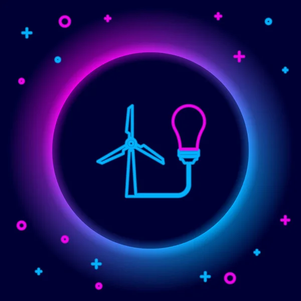 Linha de néon brilhante Lâmpada com turbina eólica como ideia de eco amigável fonte de ícone de energia isolado no fundo preto. Conceito de energia alternativa. Conceito de esboço colorido. Vetor — Vetor de Stock