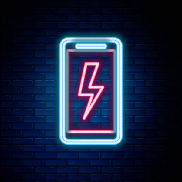 Glowing neon line Smartphone charging battery icon isolated on brick wall background. Phone with a low battery charge. Colorful outline concept. Vector — Stock Vector